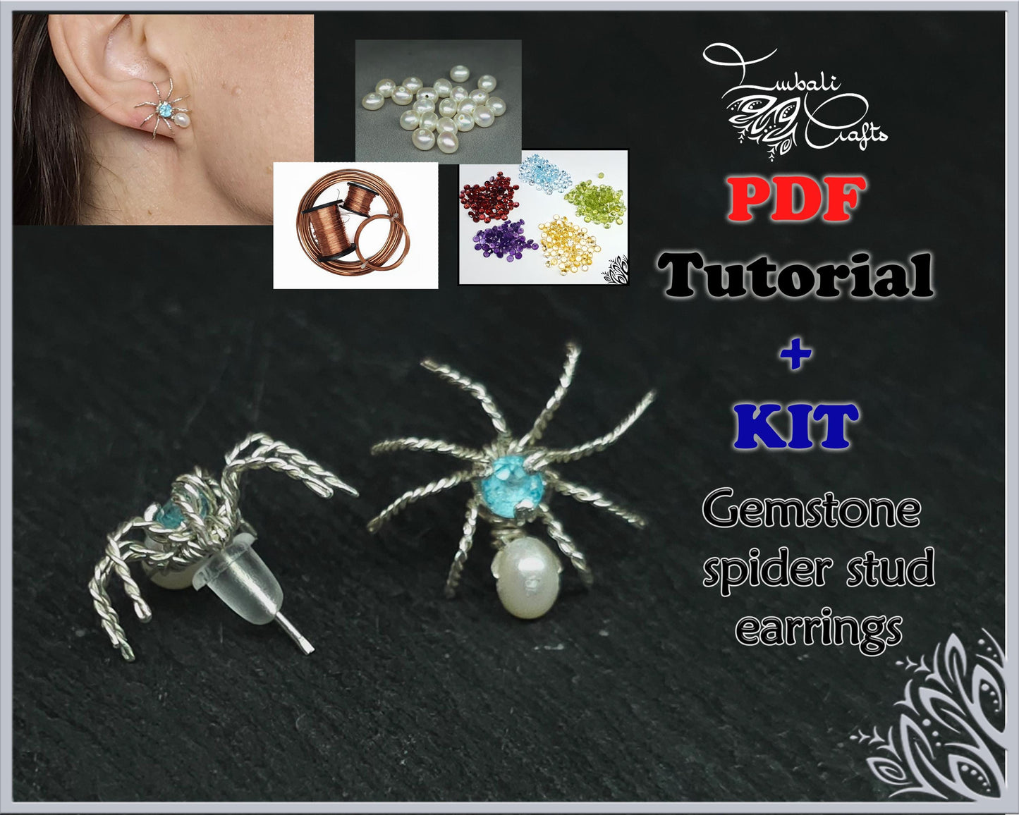 Kit + PDF Tutorial - Gemstone copper spider stud earrings halloween wire wrapping and weaving guide