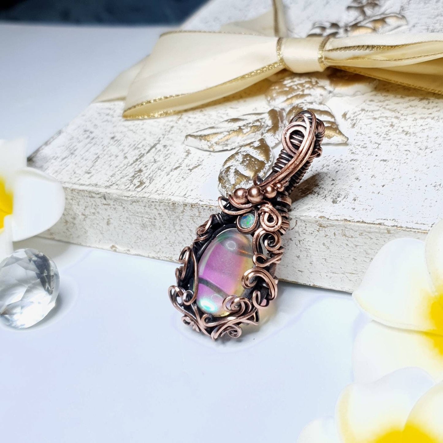KIT + video tutorial - 'Moonlight' - Rainbow angel aura quartz - copper pendant - kit