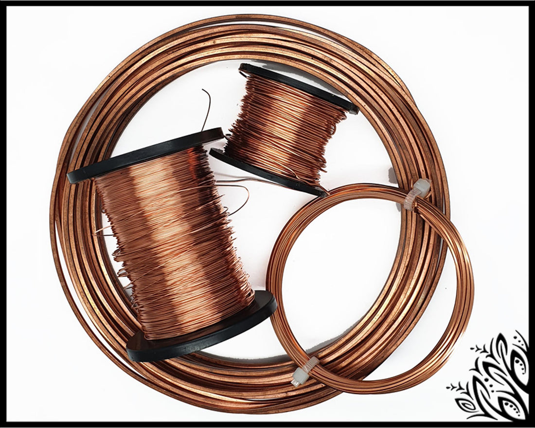 Copper wire for wire wrapping in various gauges and hardness levels displayed on a white background