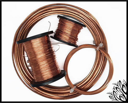 Copper wire for wire wrapping in various gauges and hardness levels displayed on a white background