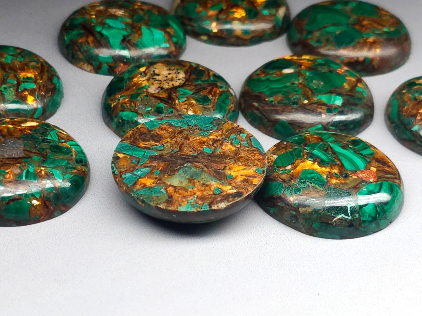 Copper bornite cab 30mm round close up showing peacock ore colours