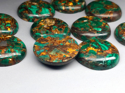 Copper bornite cab 30mm round close up showing peacock ore colours